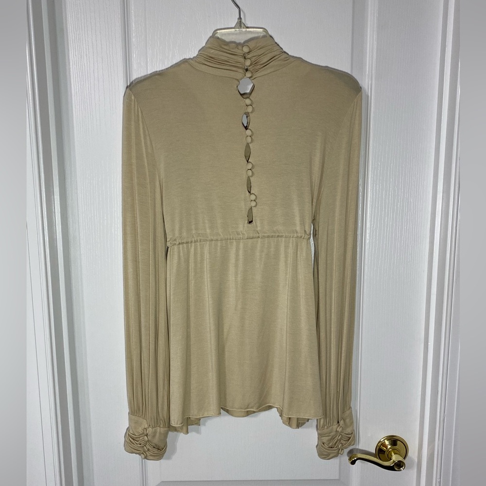 Y2K LaRok Peek A Boo Empire Waist Ruched Neck & Cuff Knit Blouse Beige Large - Picture 2 of 5